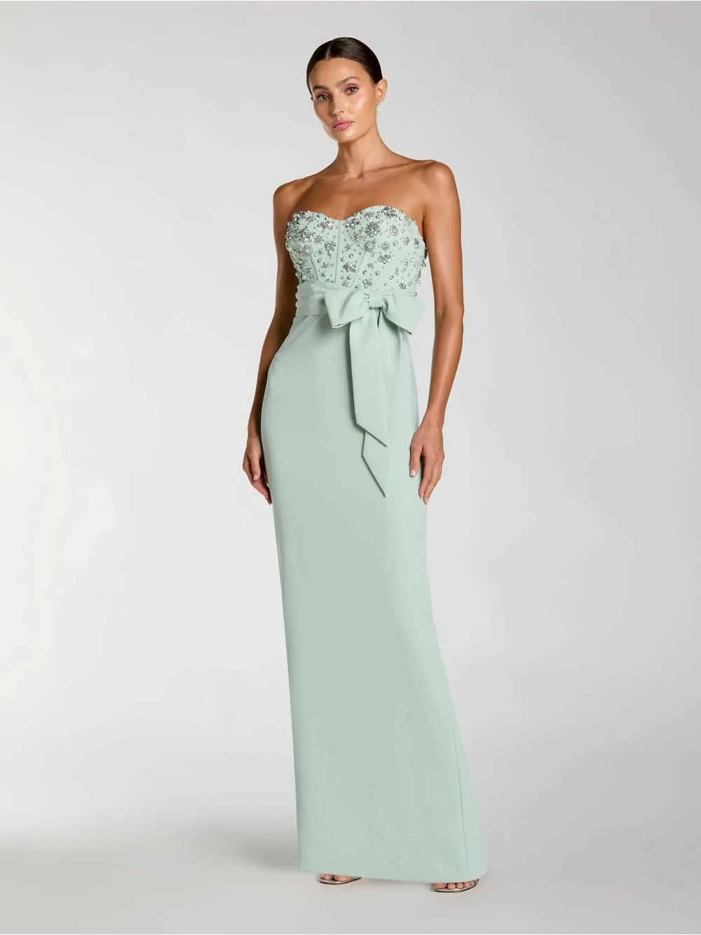 Mac Duggal 2395 Green Strapless Embellished Bustier Gown with Bow sz 2